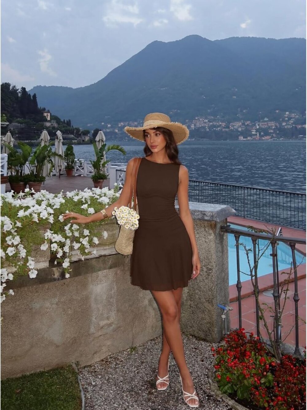 〽️Women Shaved Chocolate Casual Boat Neck Sleeveles Mesh Ruched Waist Mini Dress